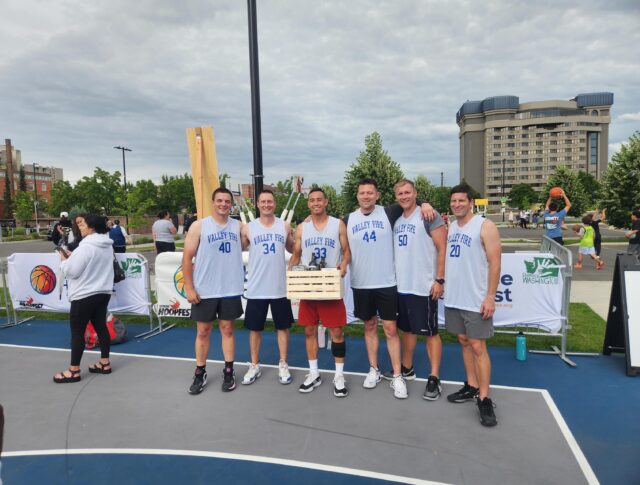 One of your Spokane Firefighters kicking off Hoopfest weekend! Joined by @spokane_valley_firefighters local 876.

They participated in a Police vs Fire exhibition game, taking the win, 31-23!

We hope everyone has a safe and eventful Hoopfest weekend! 🏀👮🏼‍♂️👨🏽‍🚒